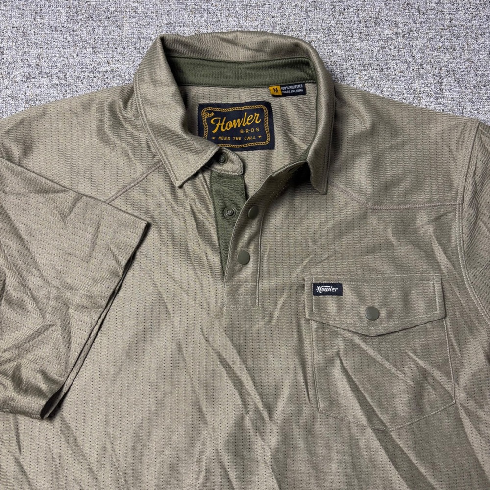 Howler Brothers Men's M Ranchero Polo Tech Cadet Olive Green Snap Short Sleeve